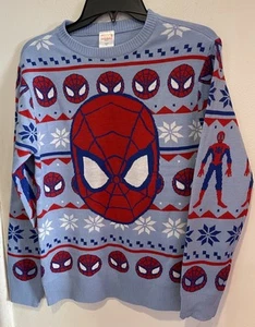 NWT Marvel Spiderman Sweater Boys Size Large Light Blue w/ Snowflakes - Picture 1 of 4