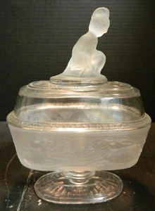 Vintage LG Wright Westward Ho Embossed Oval Clear & Frosted Glass Covered Dish - Picture 1 of 12