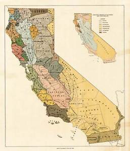 1925 Map of Indians of California Stocks and Tribes Native American 11x13 Print