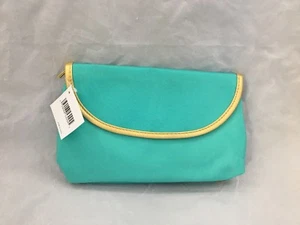 Cosmetic Bag Teal Green Gold Trim Snap Zip Closer Brush Holder - Imagen 1 de 2