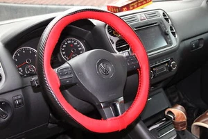 Stitch On Steering Wheel Skin Wrap Cover Red & Carbon Fiber w/Needle & Thread - Picture 1 of 6
