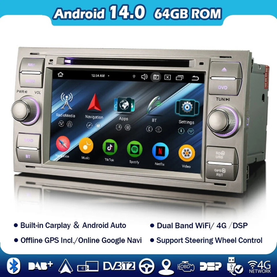 7"Android 14 DAB+Autoradio CD Navi Ford S/C-Max Focus Fiesta Transit Galaxy Kuga - Bild 1 von 4