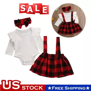 Newborn Baby Girl Ruffle Romper Tops Strap Dress Headband Plaid Outfit Clothes - Picture 1 of 10