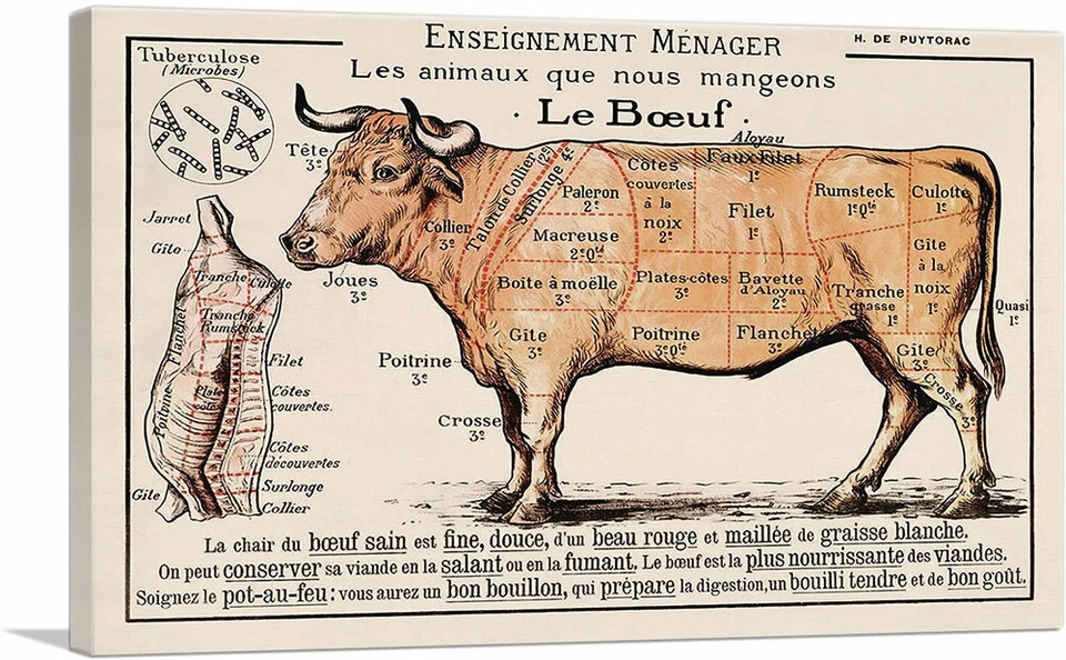 ARTCANVAS Le Boeuf Cuts of Meat Vintage Kitchen Poster Canvas Art Print Foto 1 de 4