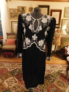 BEAUTIFUL BLACK SILK BEADED SHEATH LONG SLEEVE DRESS S XL - Picture 1 of 7