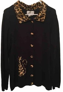 Mandal Bay Womens Button Up Cardigan Sweater Black Leopard Cat Print Vtg XL - Picture 1 of 10