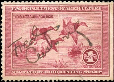 USA Used F+ $1.00 Scott #RW2 1935 Migratory Bird Hunting Dept. of Agrculre Stamp Foto 1 de 2