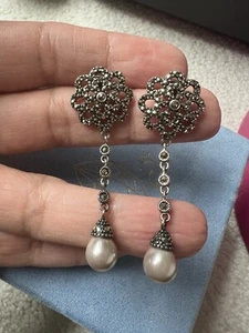 vintage sterling silver gray pearls marcasite dangle drop earrings - Picture 1 of 4