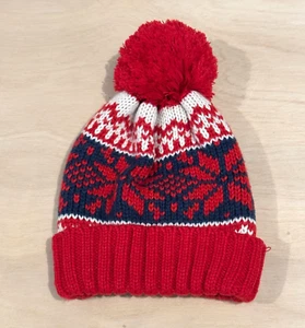 Scandinavian Knit Cap Beanie Ball Red White Navy Nordic Snowflakes Acrylic Warm - Picture 1 of 4
