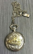 Train Locomotive Gold & Silver Pocket Watch Round Silver Dial Arabic Hours Chain