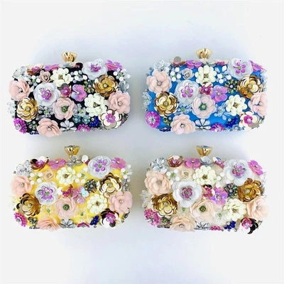 Women s Flower Beaded Evening Bag Floral Clutch Bag Metal Strap Party Prom Purse - Image 1 of 4