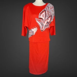 80’s Vintage Cherry Red Silver Fox Embellished Dolman Sleeve Skirt Top Set M - Picture 1 of 9