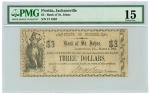1862 $3 The Bank of St. Johns - Jacksonville, FLORIDA Note PMG Fine 15 - Picture 1 of 2