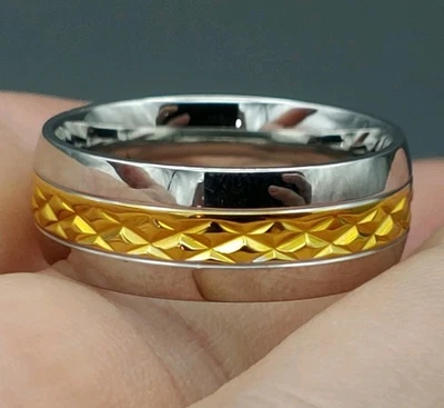 Two-Toned Diamond Pattern Inlay Ring 8mm Mens Womens Wedding Band Sz 10 6.7g - Image 1 of 4