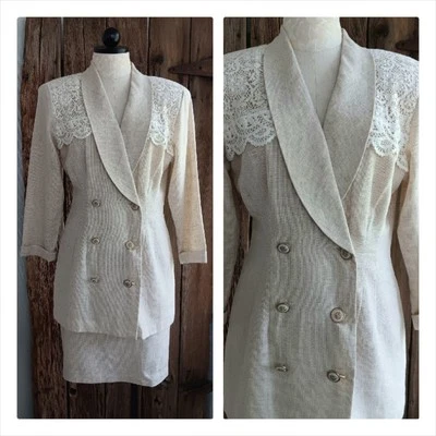 De colección Bijou Tostado Falda Traje Encaje Ribete Chaqueta Ligera Mujer Junior Talla 7 *A Foto 1 de 4