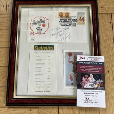 Autógrafo firmado por Bob Cousy en negrita AUTO CERTIFICADO DE AUTENTICIDAD JSA FDC en marco Foto 1 de 4
