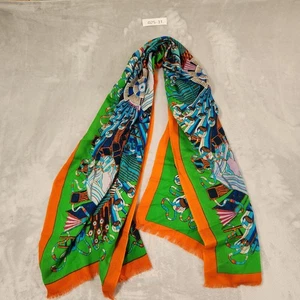 Pashmina 100% wool scarf, GREEN ORANGE Color GEOMETRIC DESIGN - Picture 1 of 8