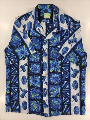 Vintage 60s Ui Maikai Hawaiian Aloha Shirt Pineapple Floral Masks Tribal Blue XL - Image 1 of 4