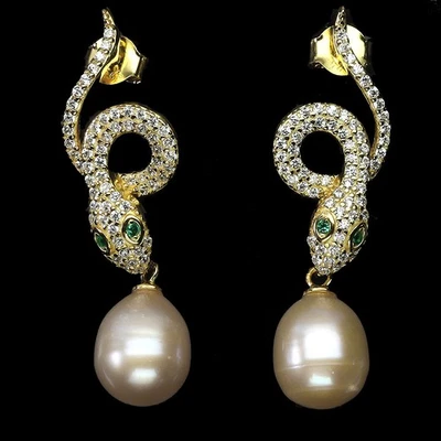925 Sterling Silver Earrings Drop Pearl 10x8mm Cobra Natural Gemstone Jewelry - Image 1 of 4