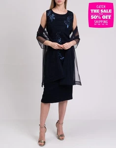 RRP€300 SOLOGIOIE Sheath Dress Plus Size IT45 UK20 L Blue Sequins Lined - Picture 1 of 7