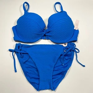 Victoria Secret 40DD L TWIST FRONT Push Up Bikini Top Bottom Set Textured Blue - Picture 1 of 12