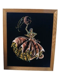 Bailarina flamenca colorida vintage años 70 terciopelo negro con marco de madera de Mahah LEER - Imagen 1 de 12
