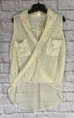NEW Anchor Print Faux Wrap Tank Top 1X Ivory Gold Graphic Sheer Hi Low Hem 5599 - Image 1 of 4