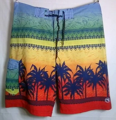 Men's Ocean Current Board shorts - Size 30 - multi color abstract with palm tree - Image 1 of 4