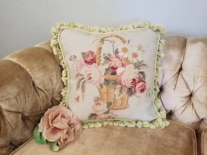 Vintage French Aubusson Floral Needlepoint Pillow w/Down Feather Insert, Velvet - Picture 1 of 8