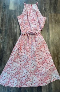 Antonio Melani Womens 14 Floral Belted Midi Dress Coral White Cottage Summer - Picture 1 of 7