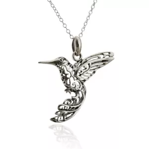Sterling Silver Filigree Hummingbird Charm Pendant Necklace - 925 Silver 18" - Picture 1 of 4