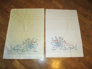 Vintage~Embroidered & Cross-Stitch Pillowcases~His & Hers~1960's - Picture 1 of 8