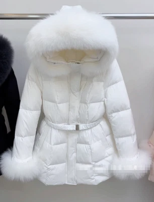 Fox Fur Real Fur Collar White Duck Down Womens Hooded Short Coats Jacket Parka - Image 1 of 4