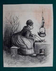 VINCENT VAN GOGH - DRAWING, STAMPED, CHARCOAL ON PAPER, SIGNED, VTG, ARTWORK - Picture 1 of 6