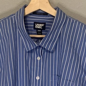 Lands End No Iron Supima Shirt Size 20W White Blue Stripe Button Up 3/4 Sleeve - Picture 1 of 17