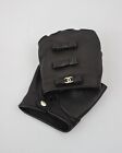 CHANEL Lambskin Leather Fingerless Gloves 7 Black Interlocking CC Logo Bow RARE