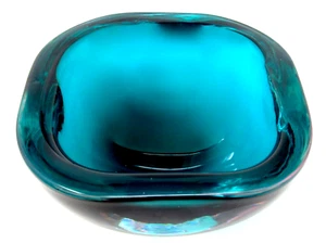 Signed Murano Cenedese Art Glass Aquamarine Space Age Freeform Bowl & Label - Picture 1 of 9