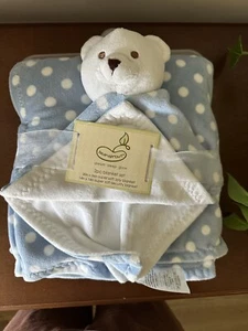 Beansprout 2pc Baby Blanket Set Blue W/ White Polka Dots Bear New - Picture 1 of 3