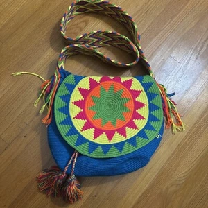 NWOT WAYUU Bag Drawstring Flap Boho Chic Bag Pom Poms Crossbody Bright Colors - Picture 1 of 10