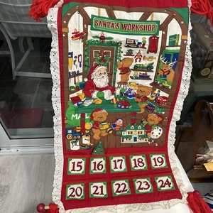 Vintage Beary Merry Christmas Santa's Workshop Fabric Advent Calendar Hanging 3D - Picture 1 of 11