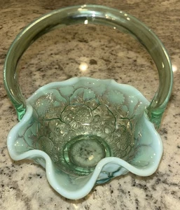 Fenton Glass Lily Of The Valley Green Opalescent Handled Basket - Picture 1 of 7