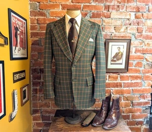 1970s Green & Orange Plaid Polyester Suit Jacket Men's Vintage Disco Blazer - 40 - Picture 1 of 10
