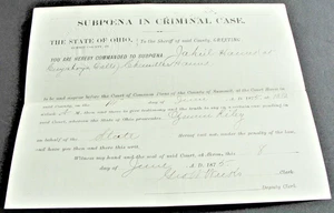 Papel al Sheriff, junio de 1875, citación en caso criminal documento firmado, Ohio. - Imagen 1 de 6