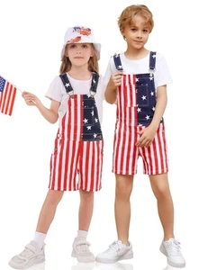 Kids 4th of July Outfit Boy American Flag Overall Girl Stretch Denim Jumpsuit... - Picture 1 of 6