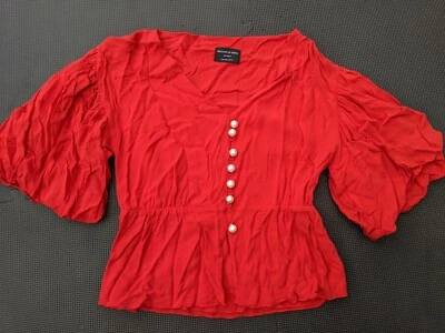 No Frills By Mother Of Pearl Bishop Sleeve Peplum Top with Faux Pearl SIZE UK 8  — 第 1/4 张图片