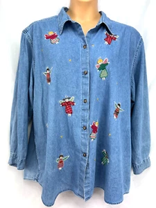 VICTORIA JONES WOMAN Denim Shirt 26W Embroidered CHRISTMAS Angels Some Fading - Picture 1 of 10