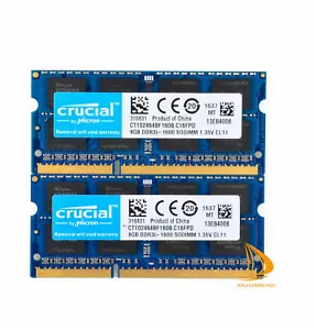 Crucial 16GB 8GB 4GB 2Rx8 PC3L-12800S DDR3-1600Mhz SODIMM Laptop Memory RAM Lot - Picture 1 of 10