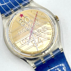 Vtg Swatch Watch Atlanta 1996 Olympics GZ149 Coe Case 80 Moscow 84 LA Blue Gold - Picture 1 of 6