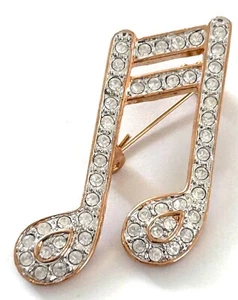 Broche prendedor nota musical estrás transparente tono dorado firmado romano - Imagen 1 de 3