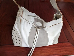 TODS Brown Leather Suede Canvas Stud Cinch Shoulder Bag Tote Hobo - Picture 1 of 8